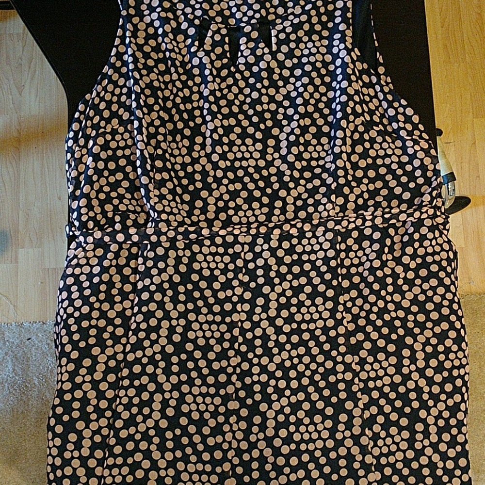 Navy dress with pink polka dots